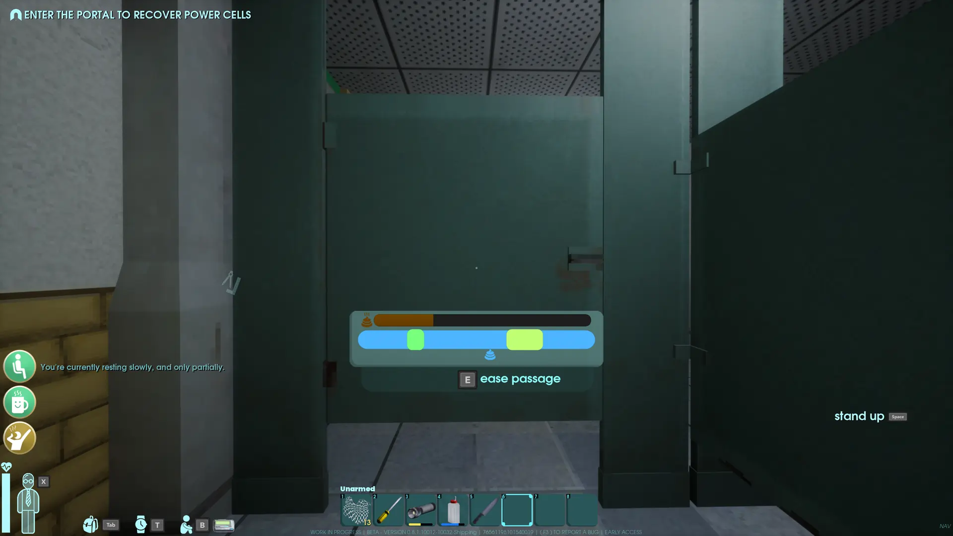 This image shows the bathroom mini-game UI. The player needs to time their button presses to match the blue sliding indicator with the green bars to successfully "ease passage". Failing to complete the mini-game will result in the player remaining on the toilet for an extended period.
