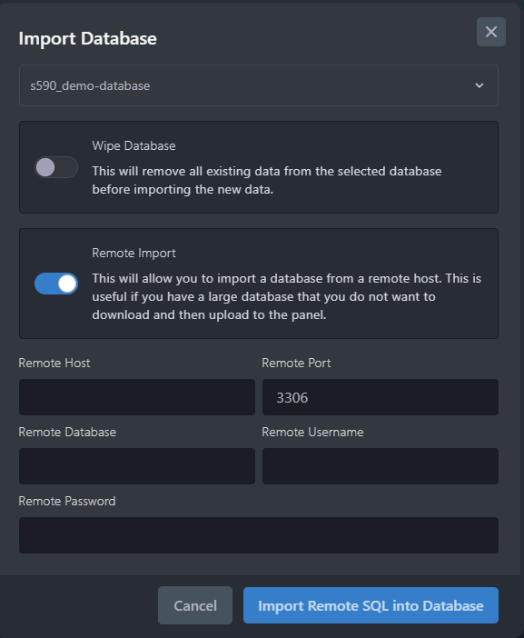 This image shows the UI to import a database