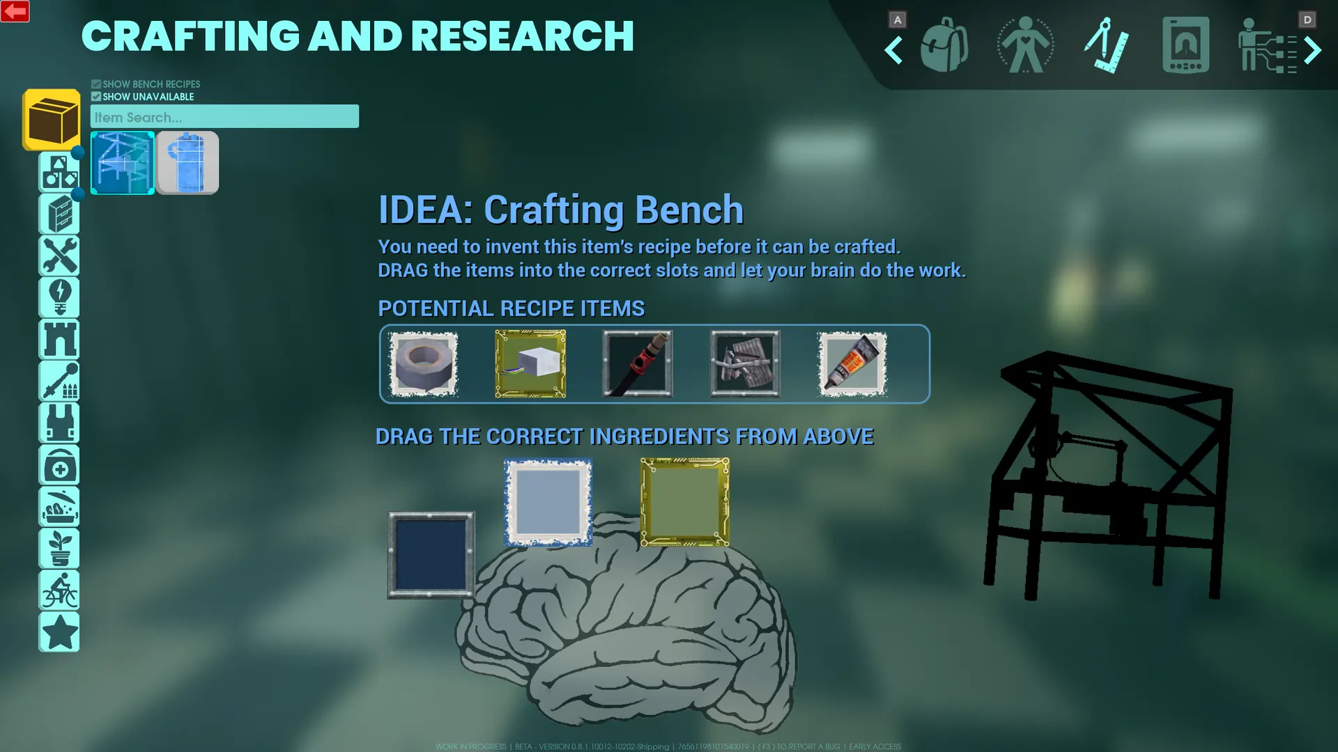 This image shows the crafting interface for the "Ideation" mechanic. The interface displays a grid with several empty slots with colored borders and a row of ingredient icons. The player has to correctly match the ingredients to the slots to unlock the recipe.